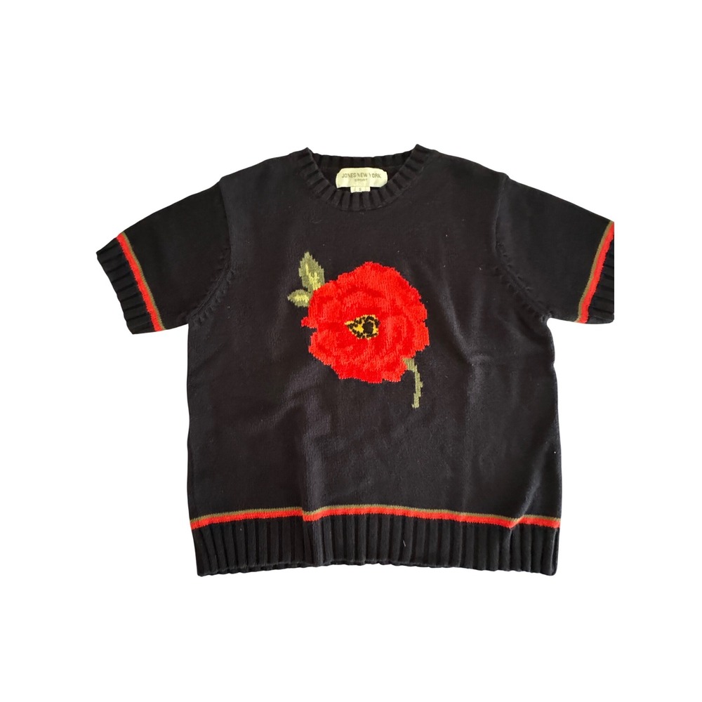 Y2K Jones New York Sport Navy Blue Poppy Short Sleeve Cotton Knit Sweater S